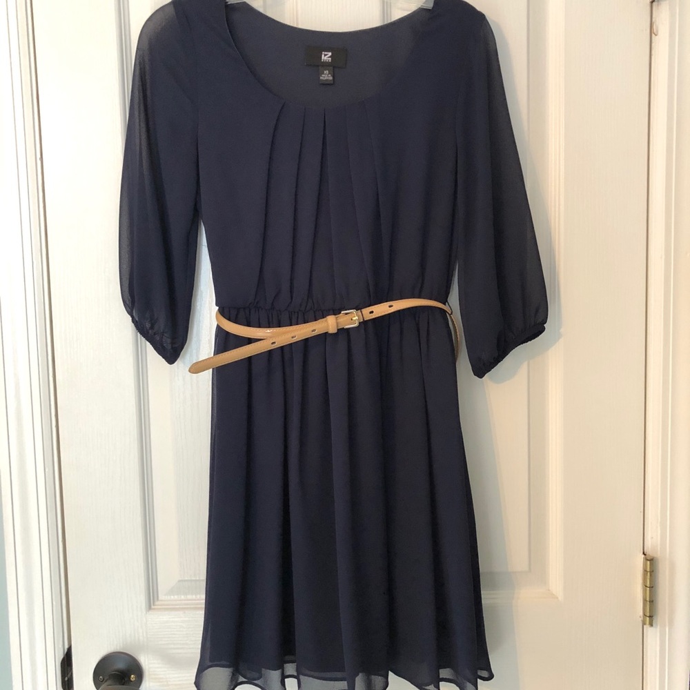 Navy blue chiffon dress with belt